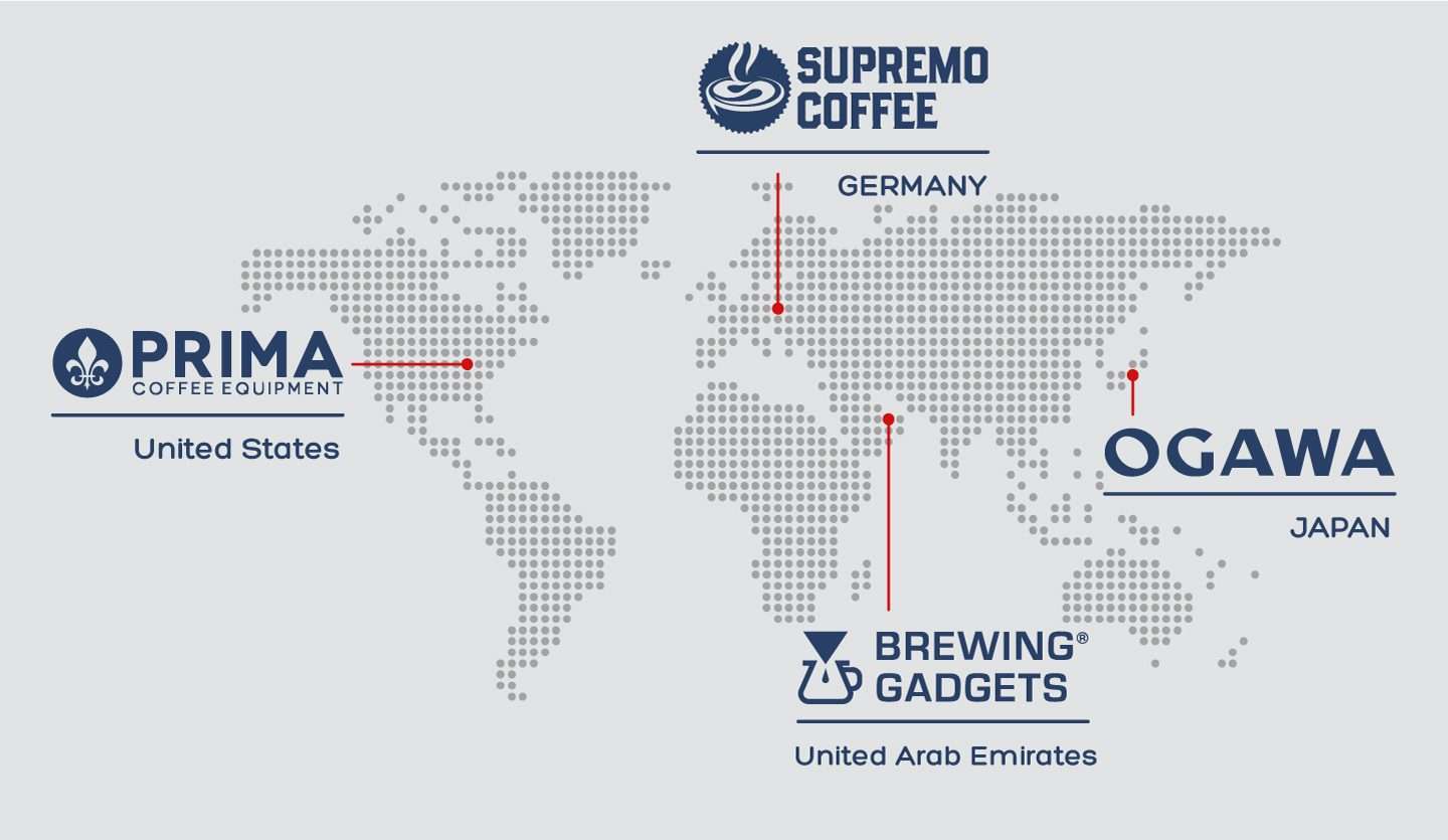 STC Distributors/Retailers Map Showing Prima Coffee Equipment in the United State Supremo Coffee in Germany Ogawa in Japan and Brewing Gadgets in the United Arab Emirates